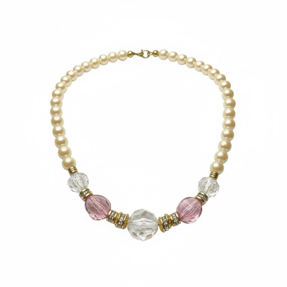 Vintage Japan Faux Pearl Necklace Pink Crystal Beads Gold Tone Mid Century